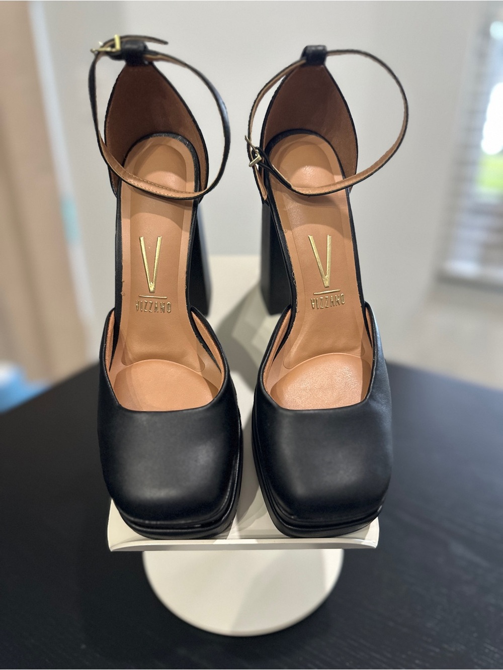 VIZZANO Black Square-Toe Block Heel Ankle-Strap Pumps